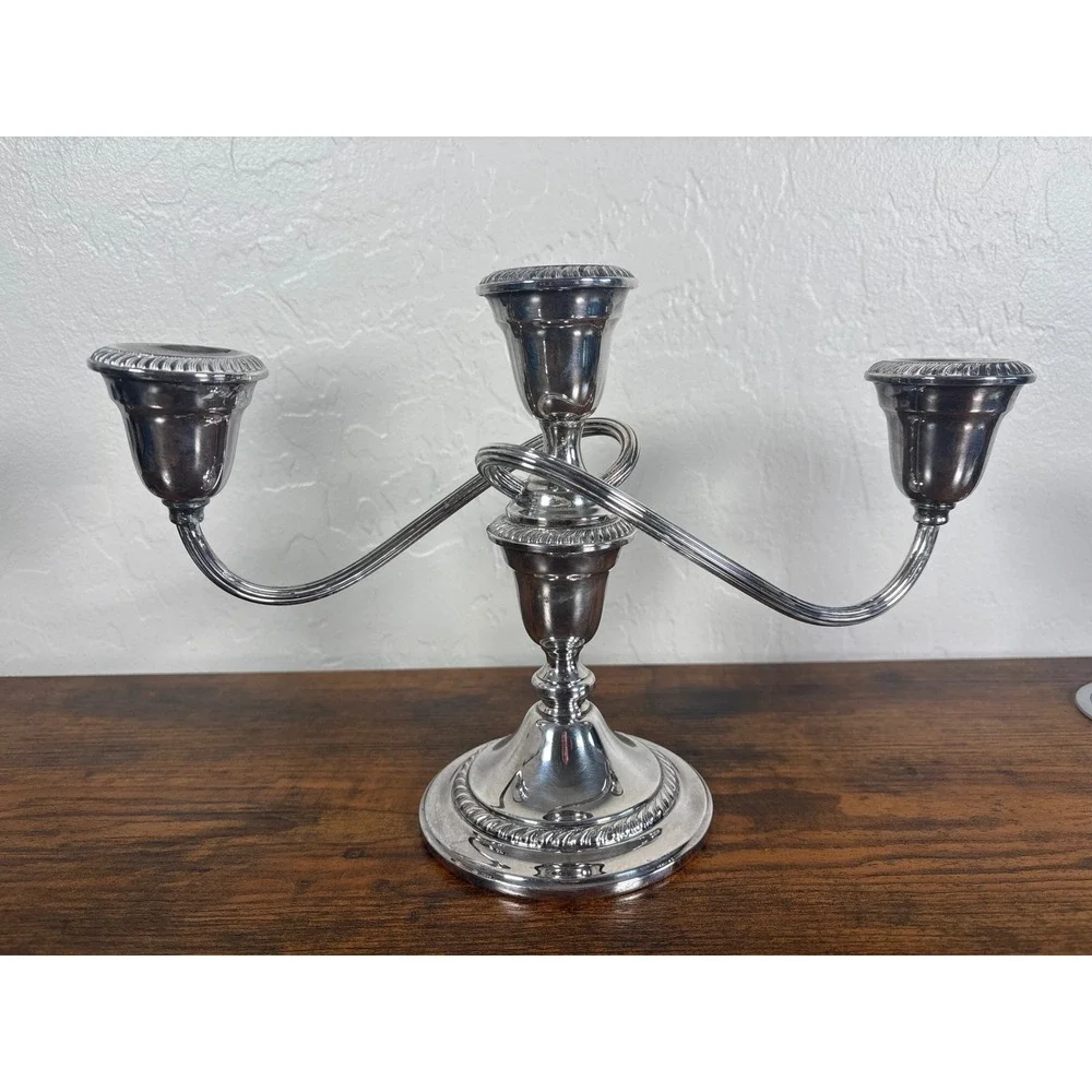 Gorham Silver Plate 3 Light Candelabra Pair YC3001 Gadroon Trim Weighted Set-  2